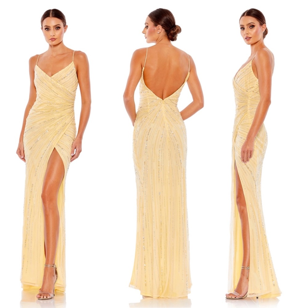 NWT Mac Duggal Beaded Sleeveless Faux Wrap Dress in Yellow, size 8 Style #93733